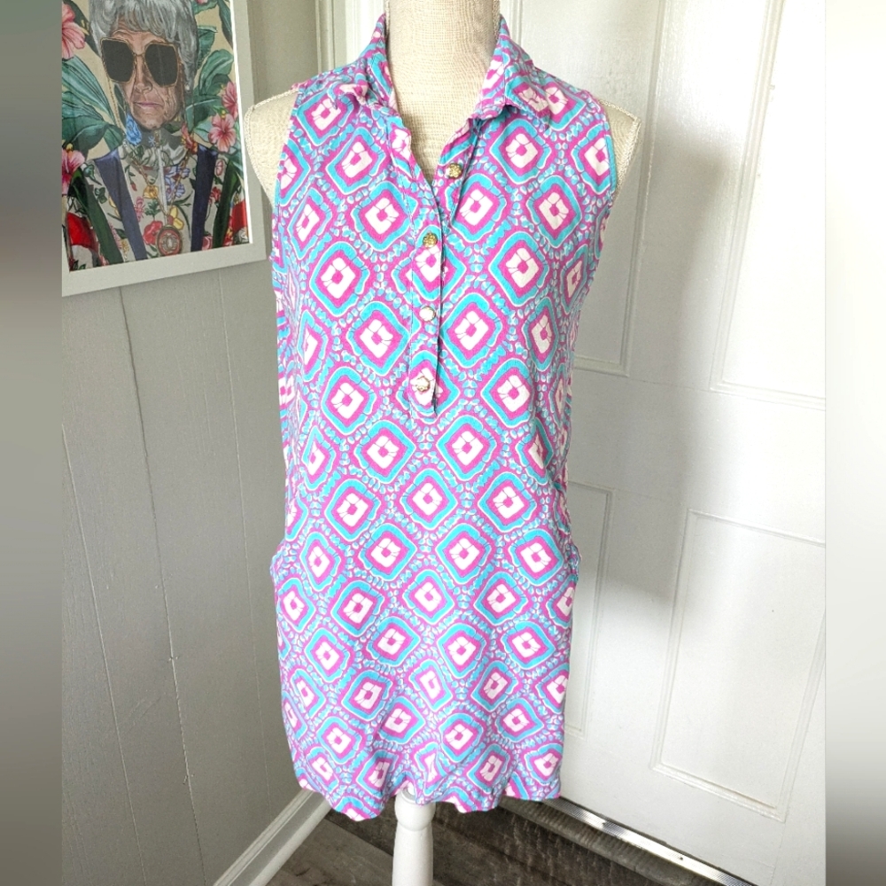 Escapada Living Shift Dress Womens M Pink Purple Gold Button Pocket Beach Summer